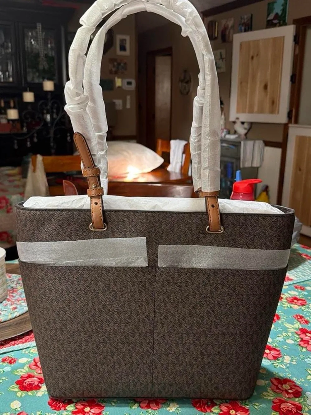 Michael Kors Brown Logo Tote with Tan Leather Trim